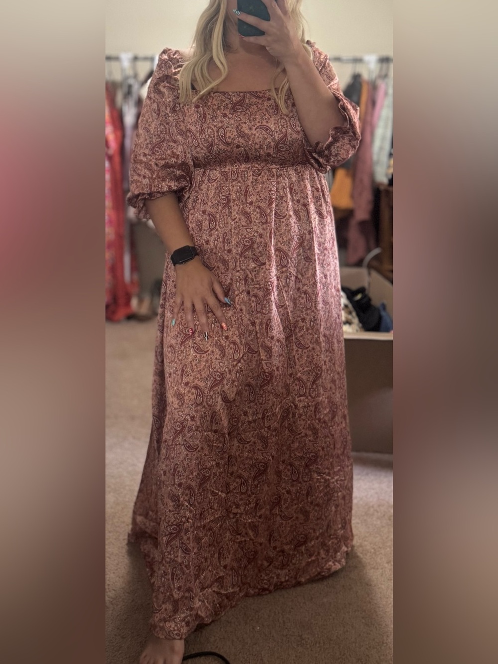 Paisley Maxi Dress in Rust and Burgundy by Pink Lily